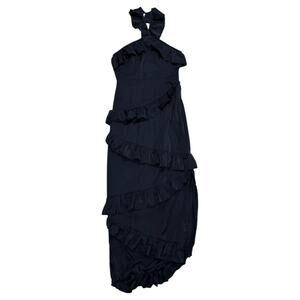 Pretty Little Thing Black Frilled Tiered Halter Midi Dress Size 2